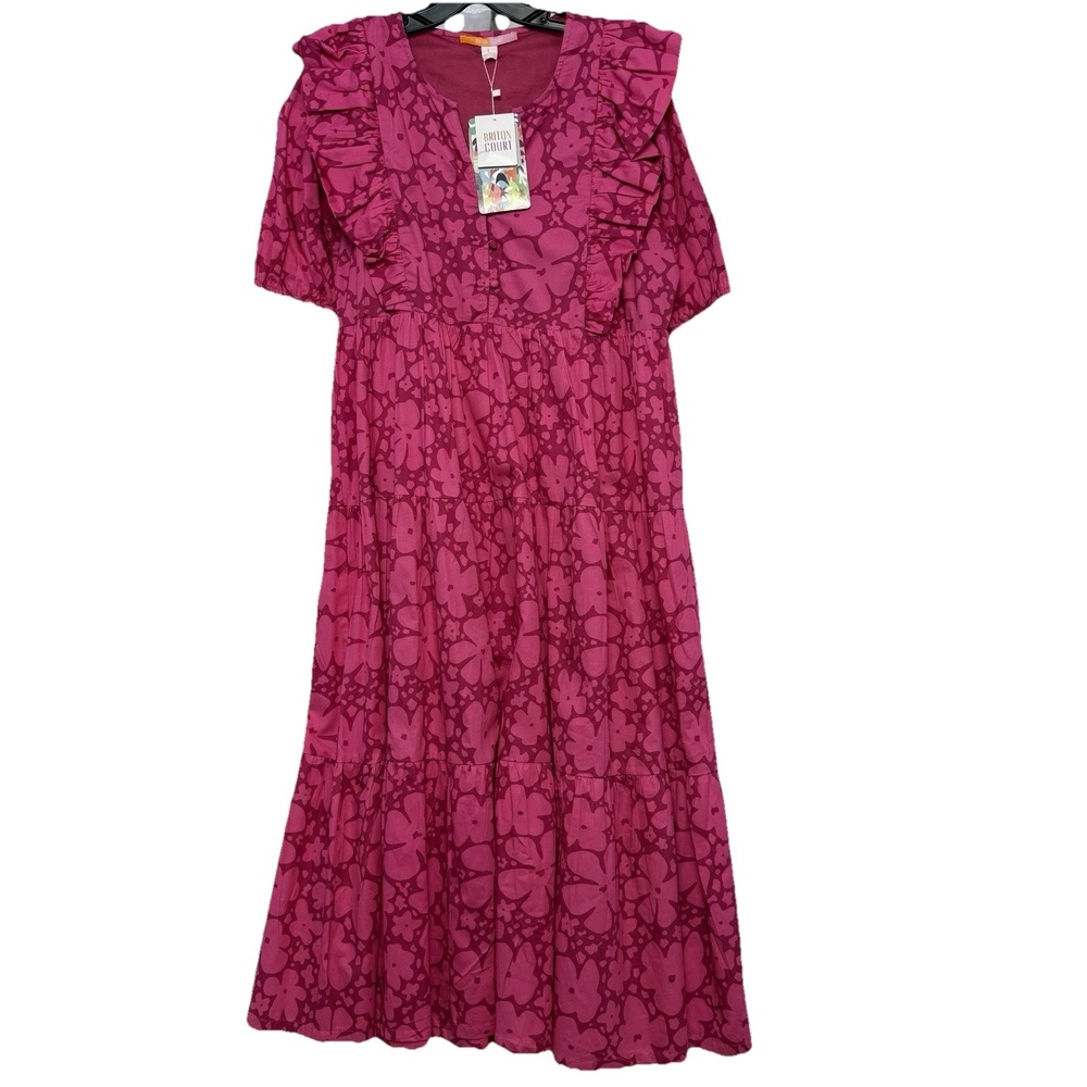 New Briton Court Mamie Magenta Large Pink Floral Midi Cotton Dress Resortwear